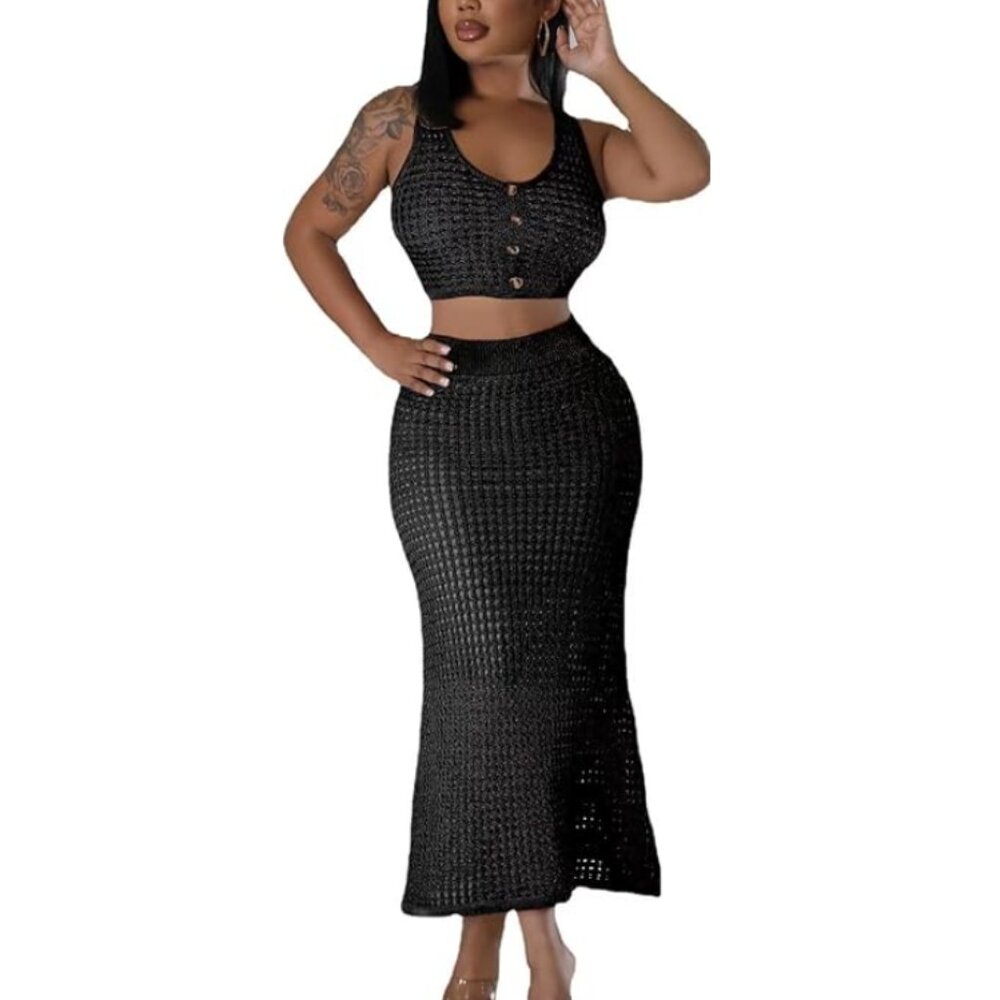 Two-Piece Skirt Set See Through Fishing Net Knitting Hollow Beach Cover UP Set